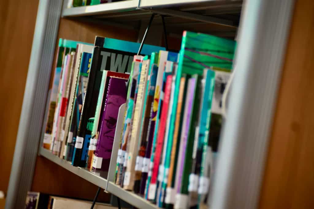 Books in various colours on a metal shelf